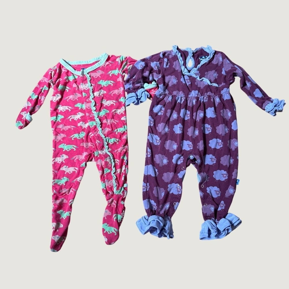 KicKee Pants Romper Footie Girls Pink Purple Ruffle Animal SIZE 3-6M